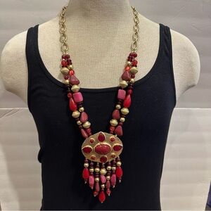 NWT Chico's 35th Anniversary Necklace “Merlot” gold tone w/ red acrylic & stone